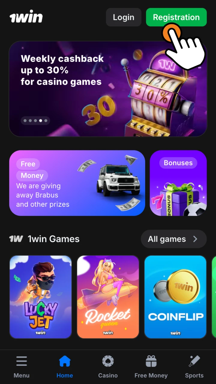 Create 1win account and confirm it by email or phone.