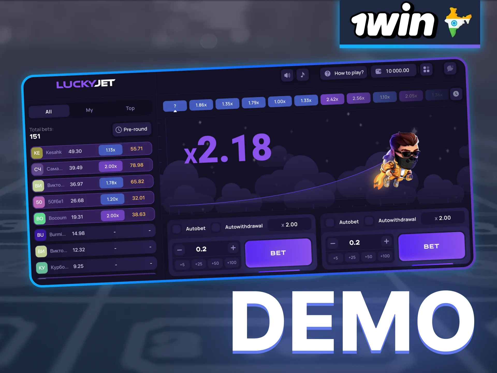 Enable demo mode to understand the mechanism of 1win Lucky Jet game.