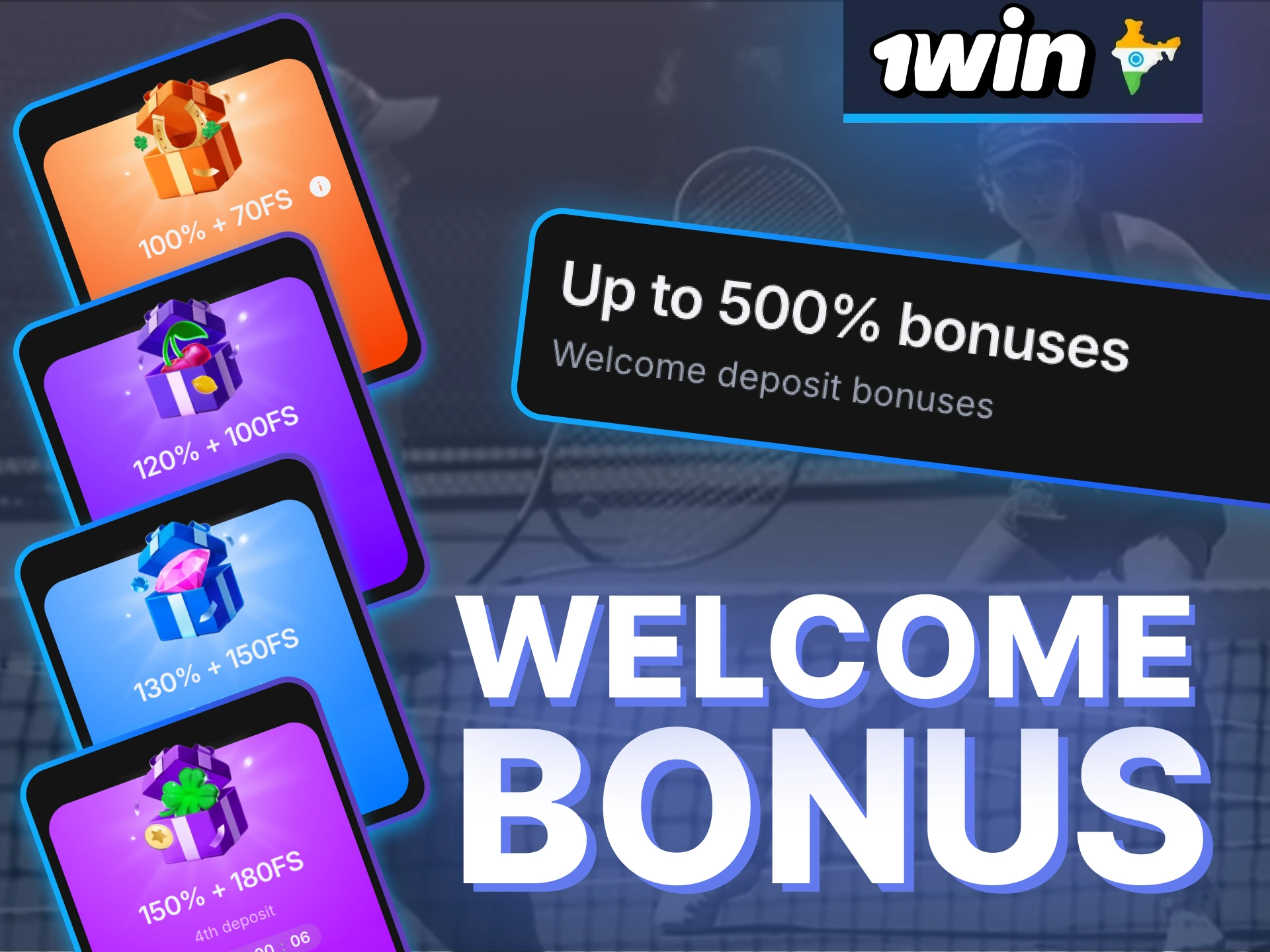 Start tennis bets on 1Win and increase your balance with a generous multi deposit bonus.